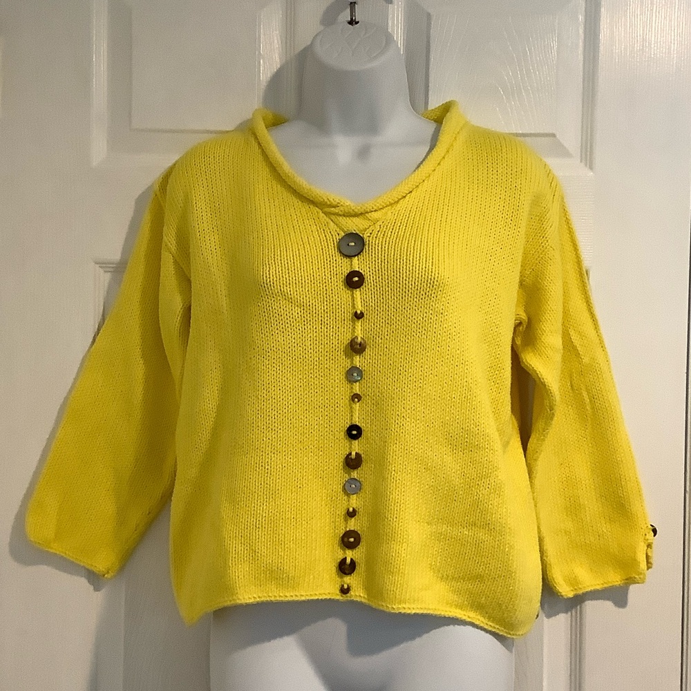 PURE HANDKNIT 100% Cotton Yellow Rolled Neck Coastal Grandma Spring Sweater S/M